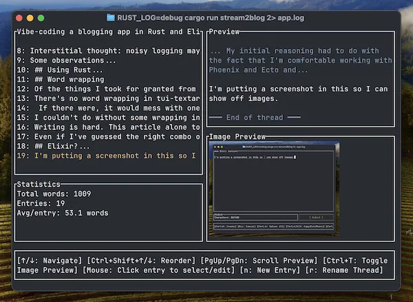 Stream2blog TUI in thread view mode, showing numbered snippets and total word count on the left, a text preview and image thumbnail on the right, and shortcut key help at the bottom.